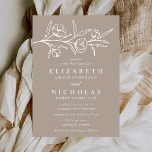 Gezeichnete Blumen-Hochzeit in Taupe Einladung