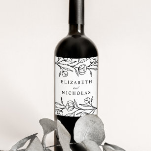 Gezeichnete Florale Schwarze und Weiße Hochzeit Weinetikett