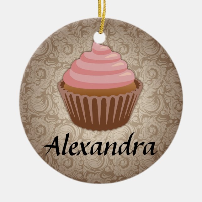 Gezter rosa und brauner Cupcake Keramikornament (Vorne)