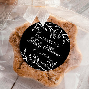 Gezzeichnete florale schwarze und weiße Babyparty Runder Aufkleber