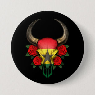 Ghana-Flaggen-Stier-Schädel mit Roten Rosen Button