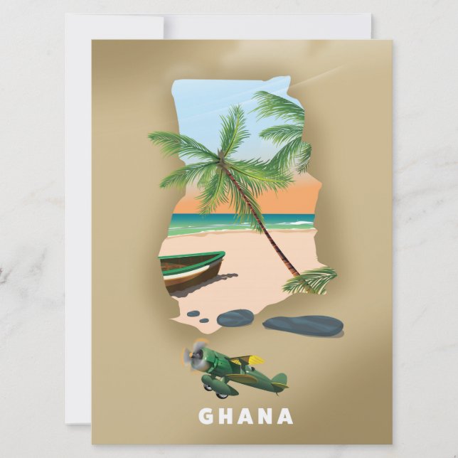Ghana kartografiert illustriertes Reiseplakat. Einladung (Vorderseite)