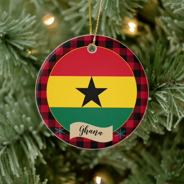 Ghana, Roter Büffel kariert & Ghanaische Flagge Keramik Ornament (Baum)