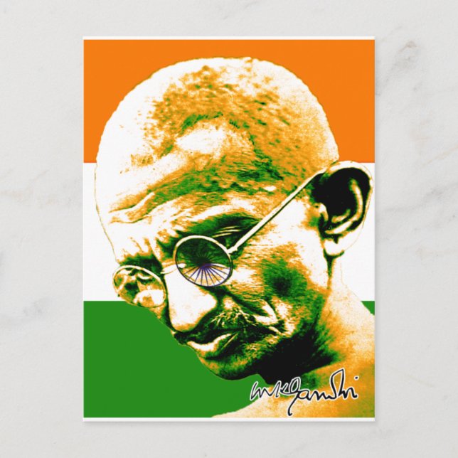 Ghandi in orange grün und weiß mit Fahne Postkarte (Vorderseite)