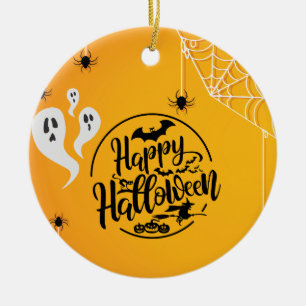 GHOST BAT SPIDER WEB ILLUSTRATION HALLOWEEN KERAMIK ORNAMENT
