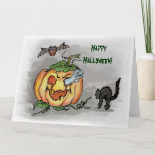 Ghost Bat und Cat Happy Halloween Karte