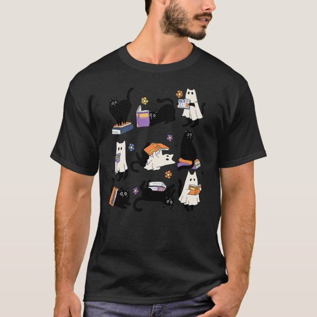 Ghost Black Cat Reading Book Halloween Costume T-Shirt (Vorderseite)