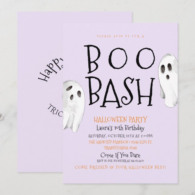 Ghost, Boo Bash Halloween Einladung (Vorne/Hinten)