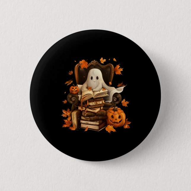 Ghost Book Reading Pumpkin Gothic Halloween Teache Button (Vorderseite)