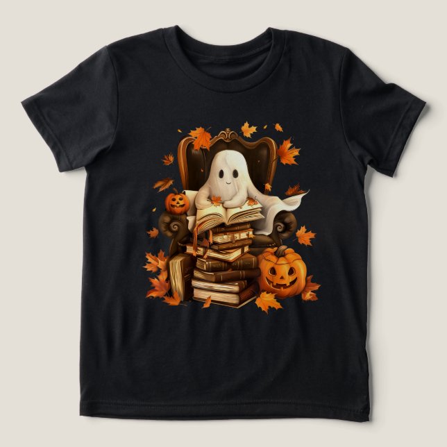Ghost Book Reading Pumpkin Halloween Lehrer Tri-Blend Shirt (Design Vorderseite)