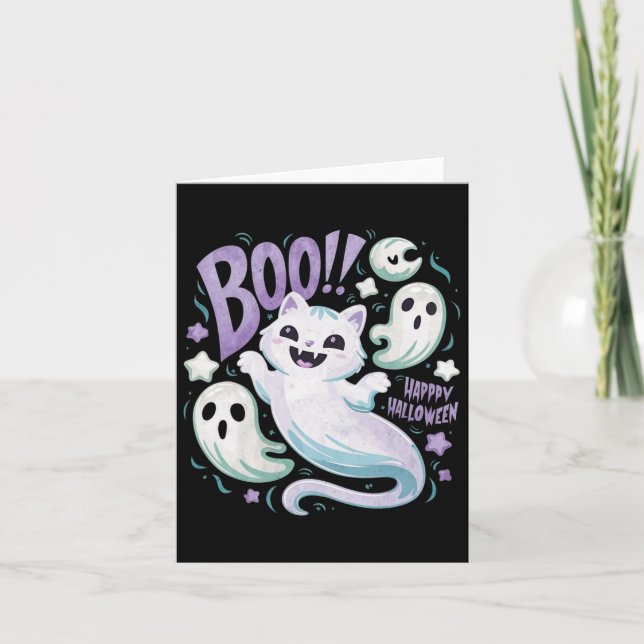 Ghost Cat Boo Kitty Halloween Karte (Vorderseite)