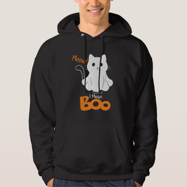 Ghost Cat Meow I Mean Boo Pumpkin Moon Halloween Hoodie (Vorderseite)