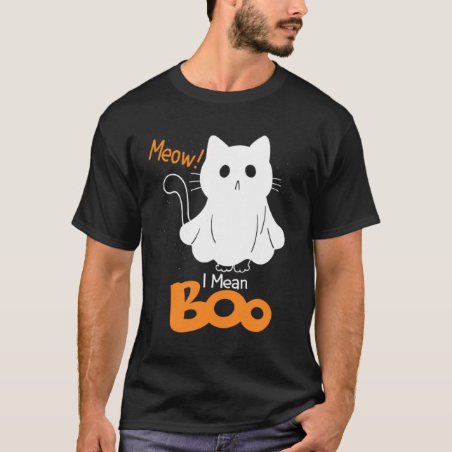 Ghost Cat Meow I Mean Boo Pumpkin Moon Halloween T-Shirt (Vorderseite)