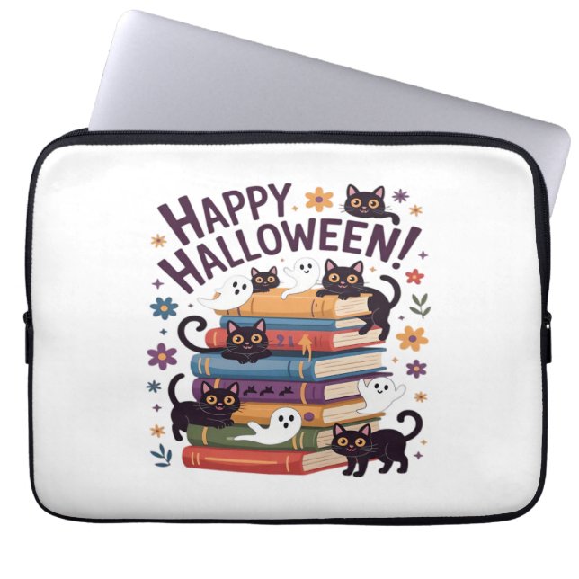 Ghost Cat Reading Books Lover Gift Halloween Spoo Laptopschutzhülle (Vorderseite)