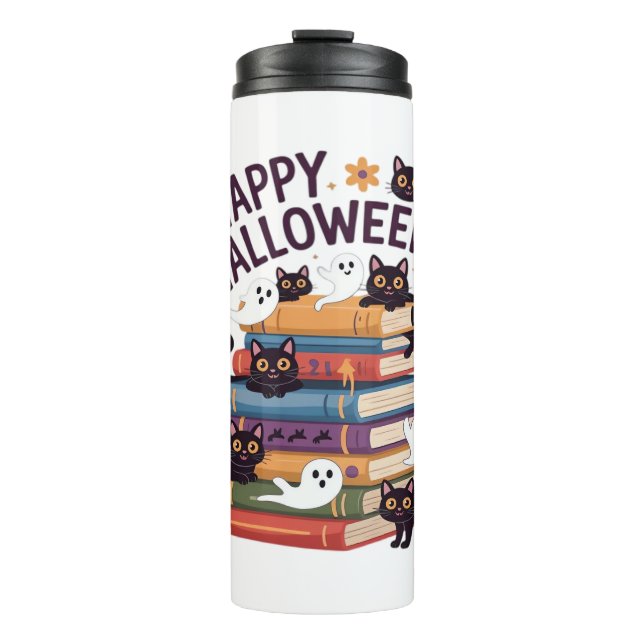 Ghost Cat Reading Books Lover Gift Halloween Spoo Thermosbecher (Vorderseite)