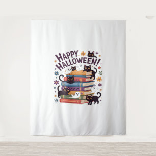 Ghost Cat Reading Books Lover Gift Halloween Spoo Wandteppich