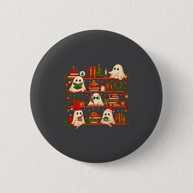 Ghost Christmas Hat Reading Book Bookshelf Lover L Button (Vorderseite)