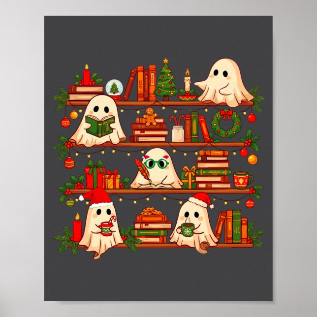 Ghost Christmas Hat Reading Book Bookshelf Lover L Poster (Vorne)