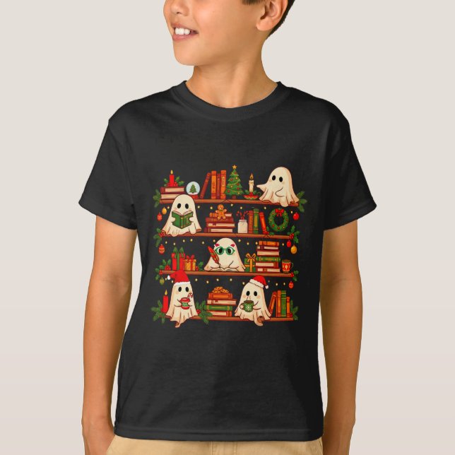 Ghost Christmas Hat Reading Book Bookshelf Lover L T-Shirt (Vorderseite)