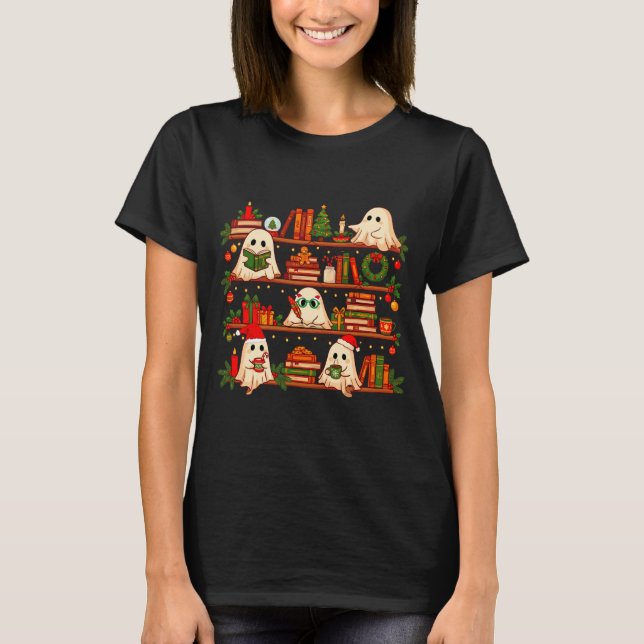 Ghost Christmas Hat Reading Book Bookshelf Lover L T-Shirt (Vorderseite)