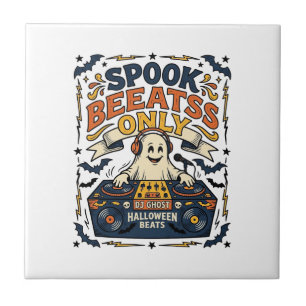 Ghost DJ Spooky Beats Vintage Gravur Halloween Fliese