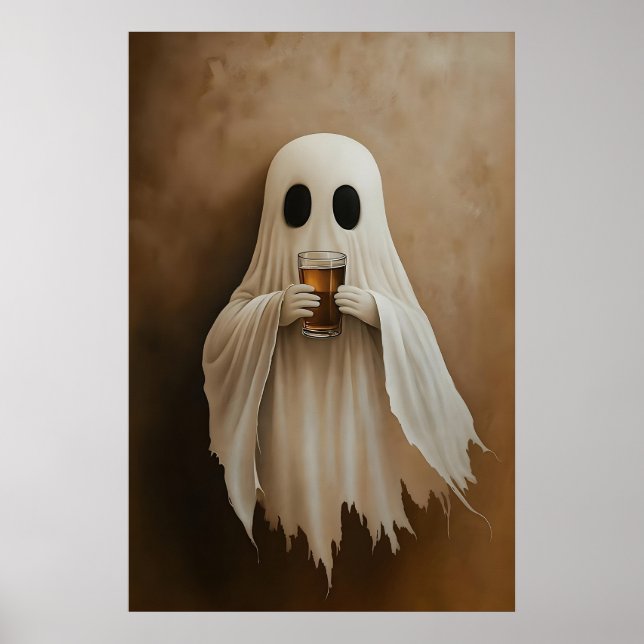 Ghost Drinking Bourbon Cocktail Print, Ghost Bar Poster (Vorne)