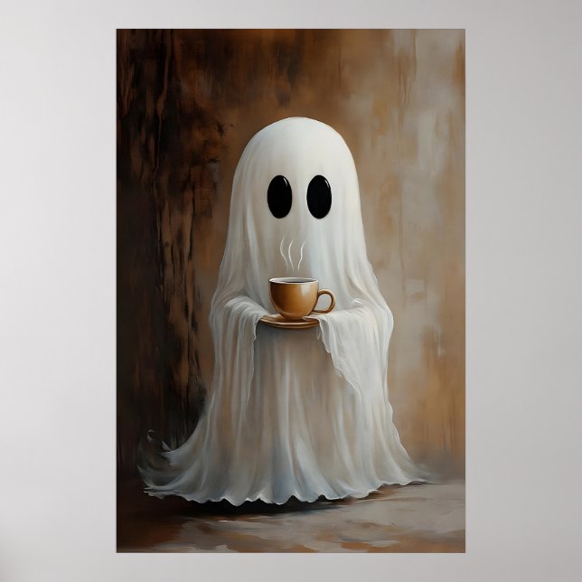 Ghost Drinking Coffee Print, Ghost Tea Whimsical Poster (Vorne)