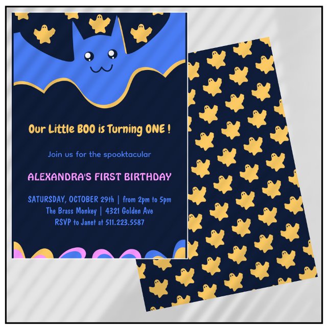 Ghost Flying bat Little Boo Halloween 1. Geburtsta Einladung (Halloween-1st-Birthday-Invitation-Ghost-Flying-bat-Little-boo-1)