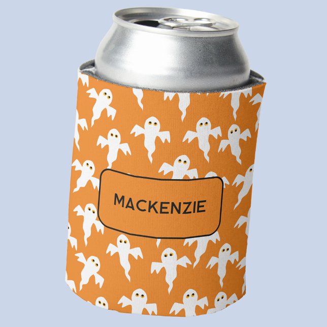 Ghost Halloween Personalisiert Orange und Weiß Dosenkühler (Fun personalized custom name Halloween ghost orange and white can cooler)