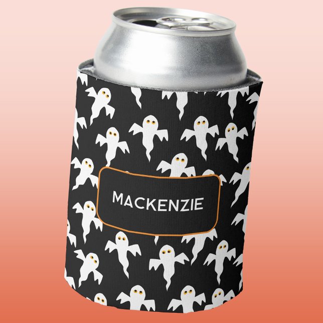 Ghost Halloween Personalisiert Schwarz-Weiß Dosenkühler (Fun personalized custom name Halloween ghost black and white can cooler)