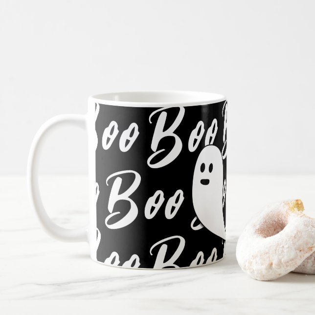 Ghost Halloween Schwarz-Weiß-Text-Muster Kaffeetasse (Mit Donut)