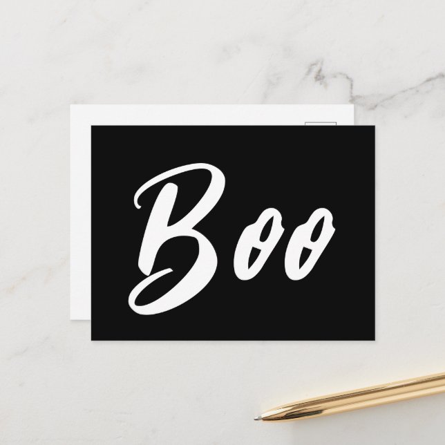Ghost Halloween white black boo text Postkarte (Vorderseite/Rückseite Beispiel)