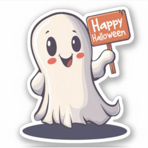 Ghost hält ein glückliches Halloween-Zeichen Aufkleber
