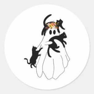 Ghost hält eine schwarze Katze Lazy Halloween Love Runder Aufkleber