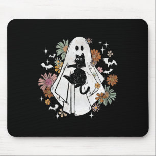 Ghost Holding Black Cat Groovy BlumenHalloween Go Mousepad
