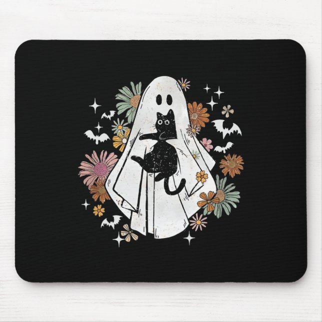Ghost Holding Black Cat Groovy BlumenHalloween Go Mousepad (Vorne)