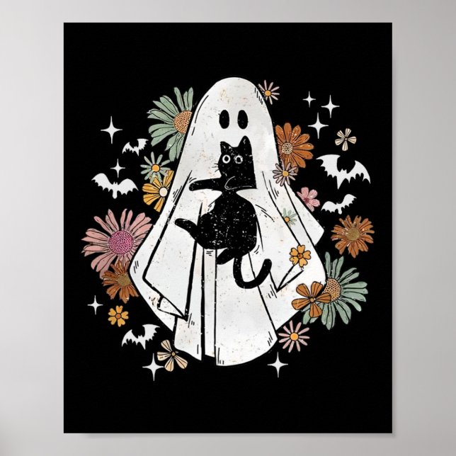 Ghost Holding Black Cat Groovy BlumenHalloween Go Poster (Vorne)