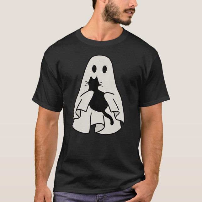 Ghost Holding Black Cat Halloween Friendship Theme T-Shirt (Vorderseite)