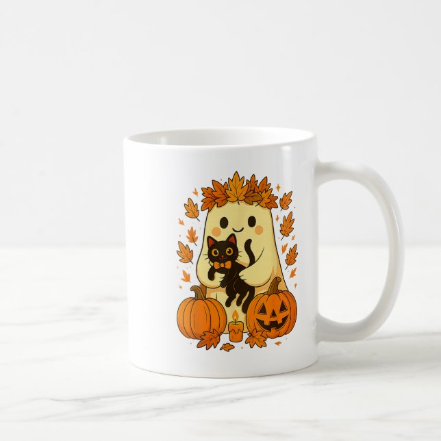 Ghost Holding Black Cat Halloween Pumpkins Herbst Kaffeetasse (Rechts)