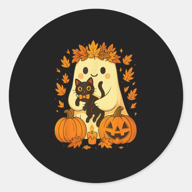 Ghost Holding Black Cat Halloween Pumpkins Herbst Runder Aufkleber (Vorderseite)