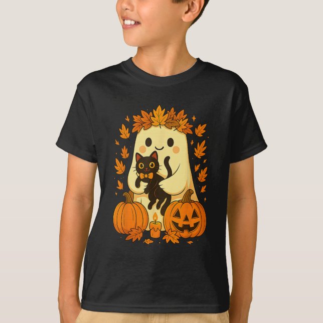 Ghost Holding Black Cat Halloween Pumpkins Herbst T-Shirt (Vorderseite)