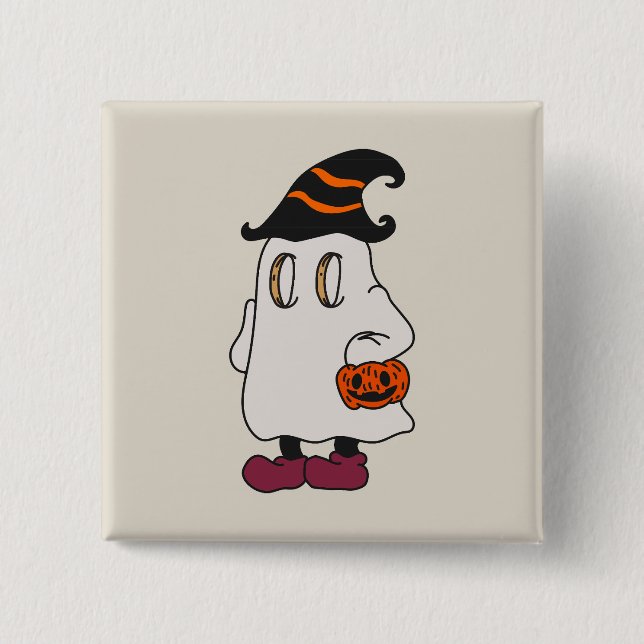 Ghost holding pumpkin and wearing witch hat button (Vorderseite)