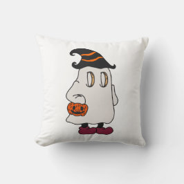 Ghost holding pumpkin and wearing witch hat kissen