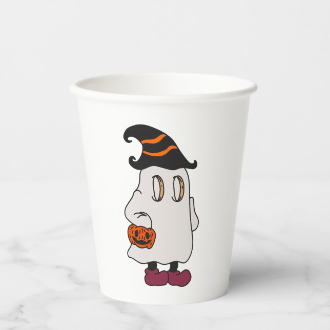 Ghost holding pumpkin and wearing witch hat pappbecher (Vorderseite)