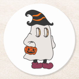 Ghost holding pumpkin and wearing witch hat runder pappuntersetzer