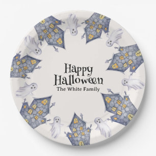 Ghost House Happy Halloween Custom Familienname Pappteller