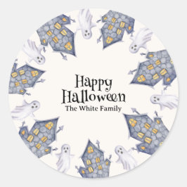 Ghost House Happy Halloween Custom Familienname Runder Aufkleber
