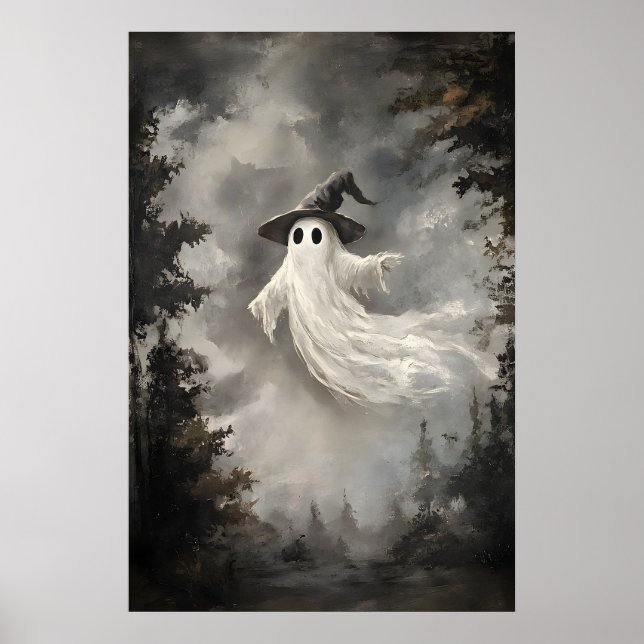 Ghost In Fall Forest Print, Ghost Whimsical Dark Poster (Vorne)