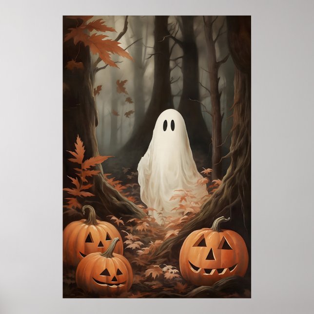Ghost In Fall Woods With Pumpkins, Dark Academia Poster (Vorne)