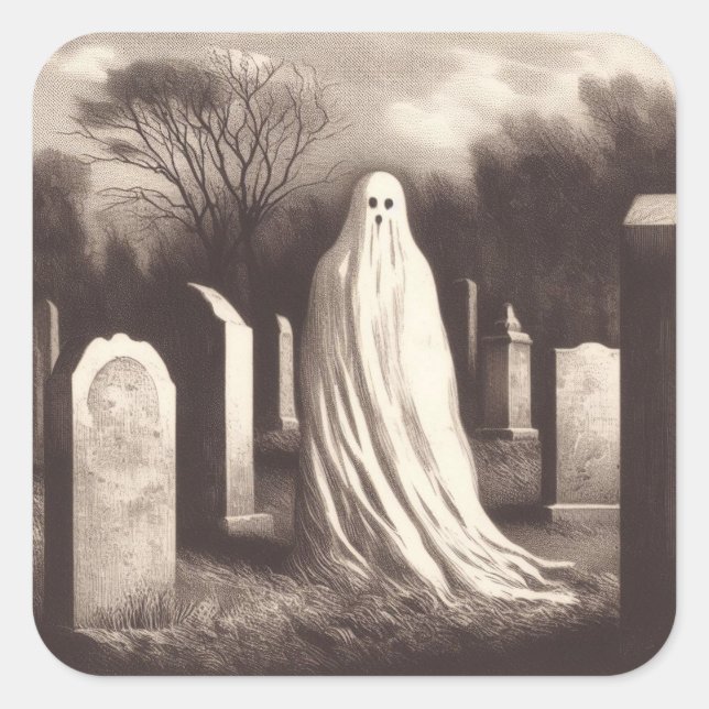 Ghost in Graveyard Vintag Illustrations-Aufkleber Quadratischer Aufkleber (Vorderseite)